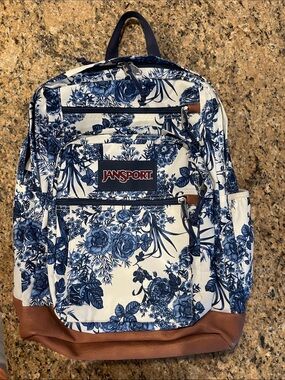 Jansport Cool Student Backpack Blue Floral Print & Synthetic Leather Bottom EUC